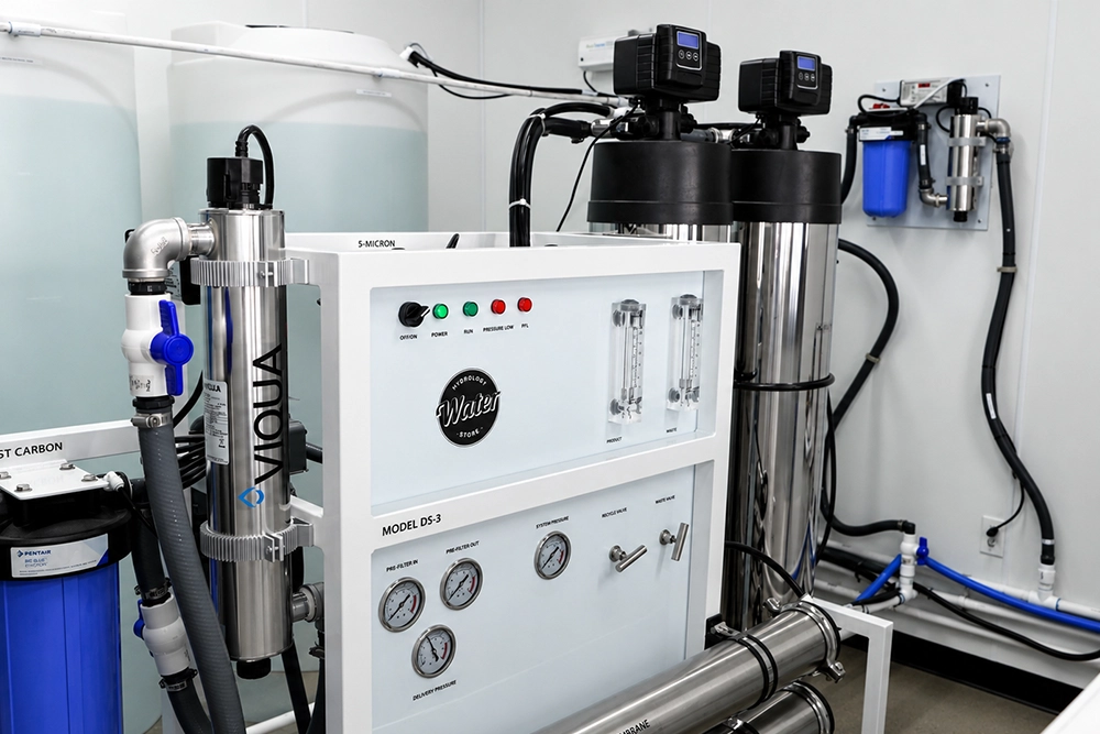 Commercial water filtration maintenance equipment at Hydrology Water Store featuring filtration tanks, pressure gauges, and water treatment components